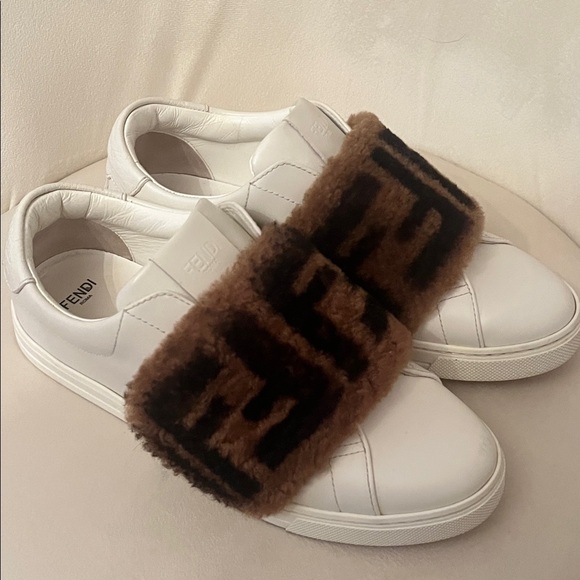 Fendi Shoes - Fendi White Sneakers with Brown Fur Accents